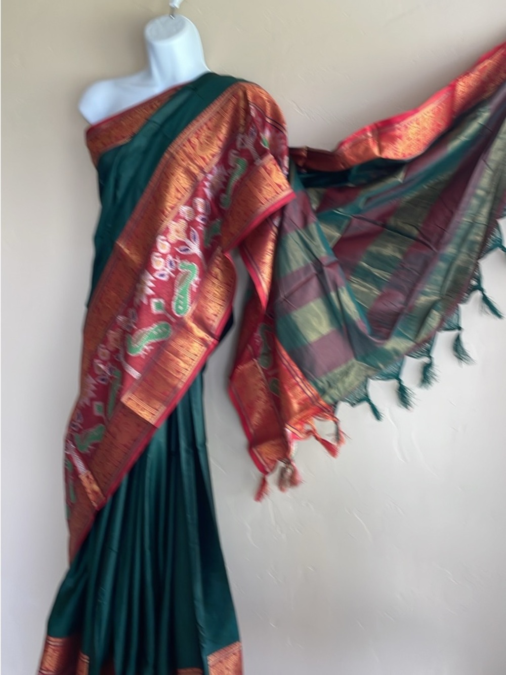Traditional Green and Red Silk Sari with Gold Brocade